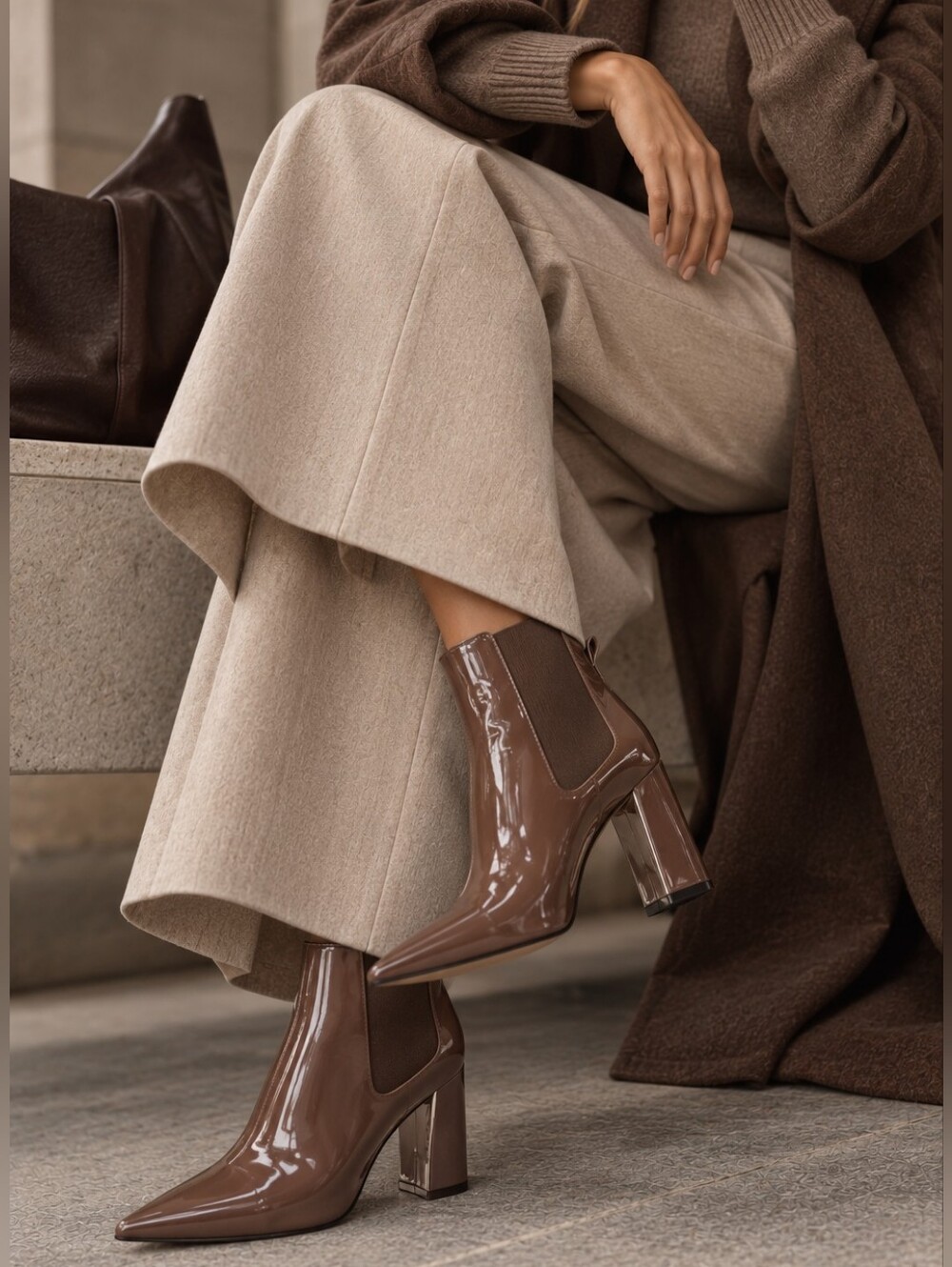 Nine West Mocha Brown Patent Pointed Toe Architectural Heel Ankle Boots 8.5